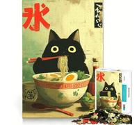 Jigsaw Puzzle1000 Pieces Black Cat Eating Ramen Illustration Smooth Joint Fun Logic Thinking Play Casual Game Time Christmas Fun Gift (38x26cm)
