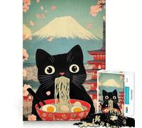 Jigsaw Puzzle1000 Pieces Black Cat Eating Ramen with Mount Fuji Smooth Joint Fun Logic Thinking Play Casual Game Time Christmas Fun Gift (50x75cm)