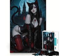 Jigsaw Puzzle1000 Pieces Black Cat Girl in Gothic Setting Neat Cut Decor Brain Game Gift Calm Game Time Birthday Activity (38x26cm)