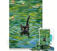 Jigsaw Puzzle1000 Pieces Black Cat Swimming in Lily Pond Fine Joint Fun, Brain Boosting Play, Quiet Game Time, Xmas Leisure Gift (38x52cm)
