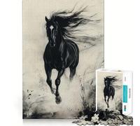 Jigsaw Puzzle1000 Pieces Black Horse Galloping Ink Painting Fine Joint Fun, Brain Boosting Play, Quiet Game Time, Xmas Leisure Gift (38x52cm)