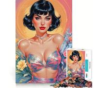 Jigsaw Puzzle1000 Pieces Brunette Pin-up Girl with Flowers Fine Edge Craft Smart Mind Activity Relax Game Play Christmas Fun Gift (38x26cm)