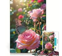 Jigsaw Puzzle1000 Pieces Butterfly on Pink Rose in Garden Neat Cut Decor Brain Game Gift Calm Game Time Birthday Activity (38x52cm)