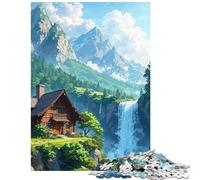 Jigsaw Puzzle1000 Pieces Cabin by Waterfall in Mountain Landscape Educational Challenge But Fun And Humorous Anti-Stress Toys for Ages 14 And over (50x75cm)