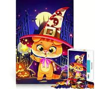 Jigsaw Puzzle1000 Pieces Cartoon Cat Witch Halloween Illustration Neat Cut Decor Brain Game Gift Calm Game Time Birthday Activity (38x52cm)