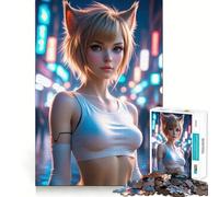 Jigsaw Puzzle1000 Pieces Cat-eared Girl in Neon City Fine Edge Craft Smart Mind Activity Relax Game Play Christmas Fun Gift (38x52cm)