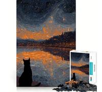 Jigsaw Puzzle1000 Pieces Cat Gazing at Starry Night City Neat Cut Decor Brain Game Gift Calm Game Time Birthday Activity (38x26cm)
