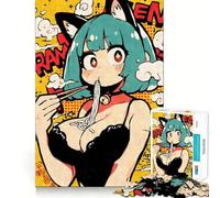 Jigsaw Puzzle1000 Pieces Cat Girl Eating Ramen Noodles Neat Cut Decor Brain Game Gift Calm Game Time Birthday Activity (38x26cm)
