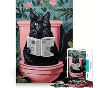 Jigsaw Puzzle1000 Pieces Cat Goes to The Toilet Neat Cut Decor Brain Game Gift Calm Game Time Birthday Activity (38x26cm)