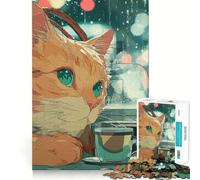 Jigsaw Puzzle1000 Pieces Cat Headphones Rainy City Neat Cut Decor Brain Game Gift Calm Game Time Birthday Activity (38x26cm)