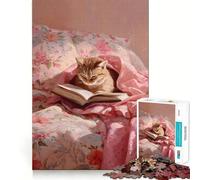 Jigsaw Puzzle1000 Pieces Cat Reading Book in Bed Painting Fine Edge Craft Smart Mind Activity Relax Game Play Christmas Fun Gift (38x52cm)