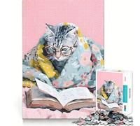 Jigsaw Puzzle1000 Pieces Cat Reading Book with Glasses Fine Edge Craft Smart Mind Activity Relax Game Play Christmas Fun Gift (50x75cm)