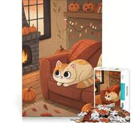 Jigsaw Puzzle1000 Pieces Cozy Autumn Cat Illustration, Brain Teaser Game, Train Your Brain And Hands, Suitable for Desktop Decoration 50x75cm