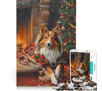 Jigsaw Puzzle1000 Pieces Cozy Christmas Shetland Sheepdog by Fireplace Painting, Brain Teaser Game, Train Your Brain And Hands, Suitable for Desktop Decoration 38x26cm