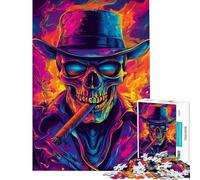 Jigsaw Puzzle1000 Pieces Neon Skull with Cigar Practical Game Brain Intelligence Challenge Addictive Toys Gifts for Women Men Stress Reliever (size 38x52cm)