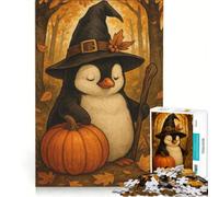 Jigsaw Puzzle1000 Pieces Penguin Witch with Pumpkin in Autumn, Toy Wall Decor, Fun at Home Activities, Artists Collection, Fine Art 38x26cm