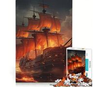Jigsaw Puzzle1000 Pieces Pirate Ship on Fire, Toy Wall Decor, Fun at Home Activities, Artists Collection, Fine Art 50x75cm