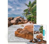 Jigsaw Puzzle1000 Pieces Tropical Beach with Palm Trees at Seychelles Neat Cut Decor Brain Game Gift Calm Game Time Birthday Activity (50x75cm)