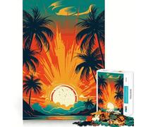 Jigsaw Puzzle1000 Pieces Tropical Sunset Palm Trees Illustration Neat Cut Decor Brain Game Gift Calm Game Time Birthday Activity (38x52cm)