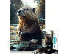 Jigsaw Puzzles 1000 Beaver in Water Lily Pond Tight Fit Piece Cognitive Play Gift Cozy Fun Time Xmas Scene Art (50x75cm)