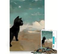 Jigsaw Puzzles 1000 Black Cat by The Sea Tight Fit Piece Cognitive Play Gift Cozy Fun Time Xmas Scene Art (38x26cm)