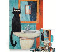 Jigsaw Puzzles 1000 Black Cat by The Sink Tight Fit Piece Cognitive Play Gift Cozy Fun Time Xmas Scene Art (38x26cm)