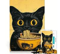 Jigsaw Puzzles 1000 Black Cat Eating Ramen Tight Fit Piece Cognitive Play Gift Cozy Fun Time Xmas Scene Art (38x26cm)
