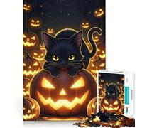 Jigsaw Puzzles 1000 Black Cat on Halloween Pumpkin Patch Seamless Edge Play, Thinking Fun Game, Idle Fun Time, Xmas Art Gift (38x26cm)