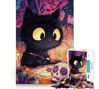 Jigsaw Puzzles 1000 Black Cat Painting Day of The Dead Seamless Edge Play, Thinking Fun Game, Idle Fun Time, Xmas Art Gift (38x52cm)