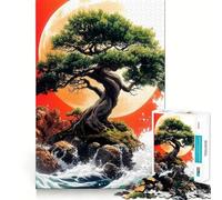 Jigsaw Puzzles 1000 Bonsai Tree Under Red Moon Japanese Landscape Seamless Edge Play, Thinking Fun Game, Idle Fun Time, Xmas Art Gift (38x26cm)