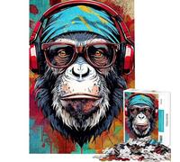 Jigsaw Puzzles 1000 Cool Monkey with Headphones Jigsaw Puzzles for Adults Difficult Challenge Help The Brain Exercise Christmas Birthday Gifts (Size 38x26cm)