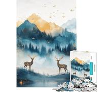 Jigsaw Puzzles 1000 Deer in Blue Mountains Golden Pine Forest Landscape Help The Brain Exercise Family Activities Practical Game for 14+ Puzzle Game Offered (38x26cm)