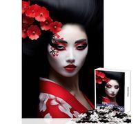 Jigsaw Puzzles 1000 Geisha Portrait with Red Flowers Jigsaw Puzzles for Adults Difficult Challenge Help The Brain Exercise Christmas Birthday Gifts (38x26cm)