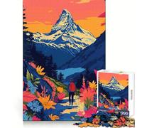 Jigsaw Puzzles 1000 Hiking Towards Matterhorn Minimalist Nature Art Illustration Smooth Joint Fun Brain Teaser Gift Easy Time Play Birthday Mind Gift (38x52cm)