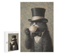 Jigsaw Puzzles 1000 PCS for Adults Cat in Top Hat with Tea Teenagers Puzzles Hands-on Game Precision Cutting Help The Brain Exercise 1000 PCS