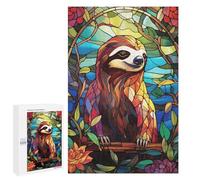 Jigsaw Puzzles 1000 PCS for Adults Stained Glass Sloth in Floral Frame Teenagers Puzzles Hands-on Game Precision Cutting Help The Brain Exercise 1000 PCS
