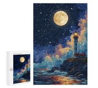 Jigsaw Puzzles 1000 PCS for Teenagers Moonlit Coastal Lighthouse Scene Jigsaw Puzzles for Adults Enhance Memory Parent-child Interaction Toy Intellectual Game 1000 PCS