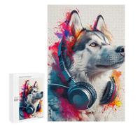 Jigsaw Puzzles 1000 PCS for Teenagers Music Lovers' Best Friend Husky with Headphones Jigsaw Puzzles for Adults Enhance Memory Parent-child Interaction Toy Intellectual Game 1000 PCS