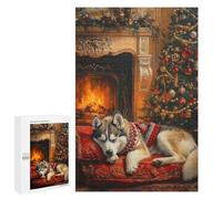 Jigsaw Puzzles 1000 PCS for Teenagerss Sleeping Husky Dog by Fireplace Christmas Scene Jigsaws for Adults Hands-on Game But Fun And Humorous Birthday Present, Gifts, 1000 PCS