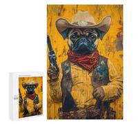 Jigsaw Puzzles 1000 PCS Western Pug Cowboy Art Print-4 Jigsaws for Adults Puzzle Pattern Assembly Educational Challenge Birthday And Unique Gifts 1000 PCS