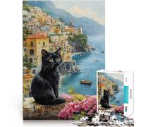 Jigsaw Puzzles 1000 Piece for Adults Black Cat by the Sea Made of wood，for and 14 years and over Antistress Difficult challenge Gift of works of art。size：50x75cm/14.96x20.47inch