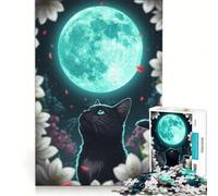 Jigsaw Puzzles 1000 Piece for Adults Black Cat Gazing at Moon, Brain Teaser Game, Pattern Assembly, Improving Love between Couples 38x26cm