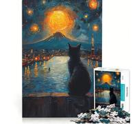 Jigsaw Puzzles 1000 Piece for Adults Black Cat Gazing at Tokyo Skyline, Brain Teaser Game, Pattern Assembly, Improving Love between Couples 38x26cm