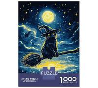 Jigsaw Puzzles 1000 Piece for Adults Black Cat Witch on Broom Jigsaw for Adults Toy Wall Decor Home Decoration Challenging To Complete 38x26cm/1000pcs