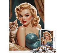 Jigsaw Puzzles 1000 Piece for Adults Blonde Pinup with Cute Kitten Educational Toy Gift Birthday Relax Games Artists' Collection, Fine Arts Size 38x52cm