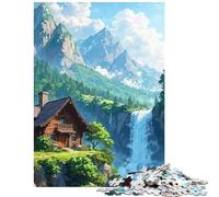 Jigsaw Puzzles 1000 Piece for Adults Cabin by Waterfall in Mountain Landscape Challenging To Complete Stress Reliever Educational Toy for And from 14 Years And over (38x26cm)
