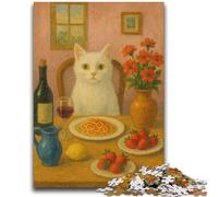 Jigsaw Puzzles 1000 Piece for Adults Cat at Dinner Table Tough Challenge with Matching Poster And Trivia Sheet 38x26cm