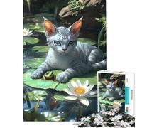Jigsaw Puzzles 1000 Piece for Adults Cornish Rex Cat And Frog on Lily Pad Learning Educational Toys Educational Game Hand Speed Race Great Gifts (Size 38x52cm)