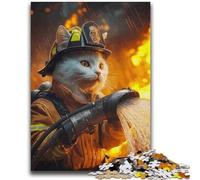 Jigsaw Puzzles 1000 Piece for Adults Firefighter Cat Tough Challenge with Matching Poster And Trivia Sheet 38x52cm