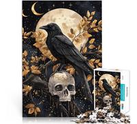 Jigsaw Puzzles 1000 Piece for Adults Mystical Raven and Skull under Golden Moon Made of cardboard for and 14 years and over Toys for family entertainment Birthday and unique gifts。size:26x38cm